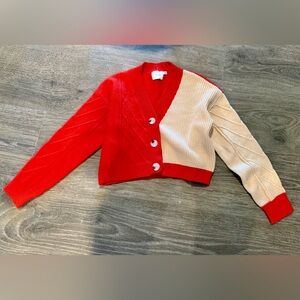 LUSH Taupe and Red Orange Color Block Cardigan Cropped Buttons